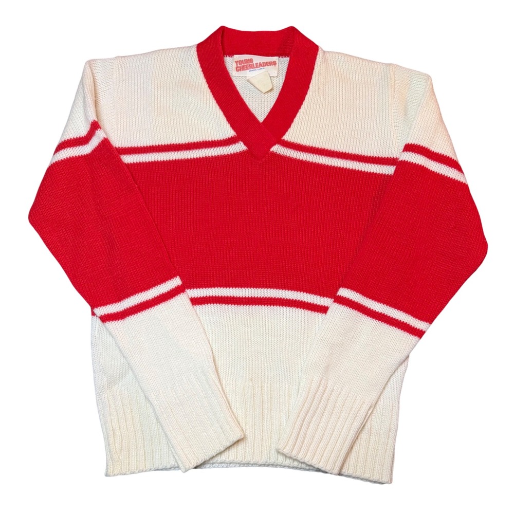 Young Cheerleaders Vintage V-Neck Sweater Youth M Red White Striped Knit Varsity